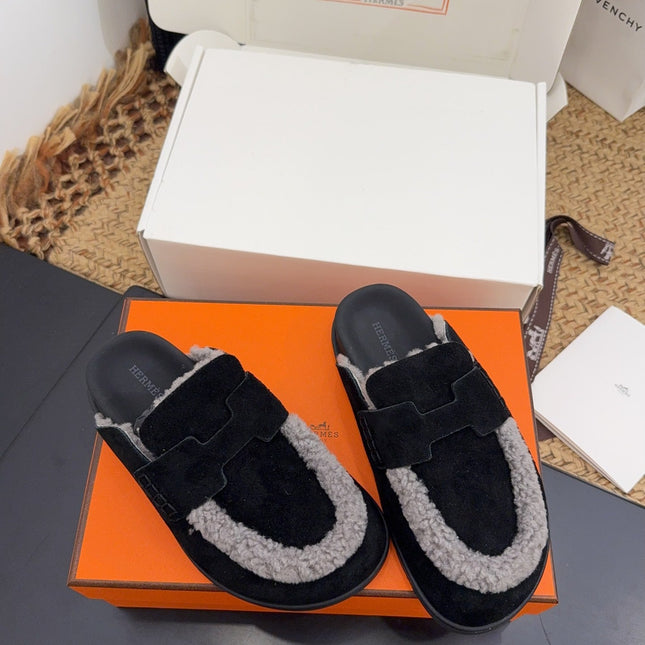 HM 25S MULE IN BLACK SUEDE MIX GREY SHEARLING