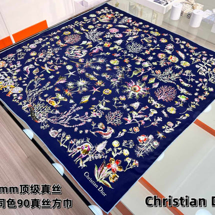 DIOR REVERSIBLE PRINTED SQUARE SCARF 90 CM IN NAVY BLUE SILK 735869