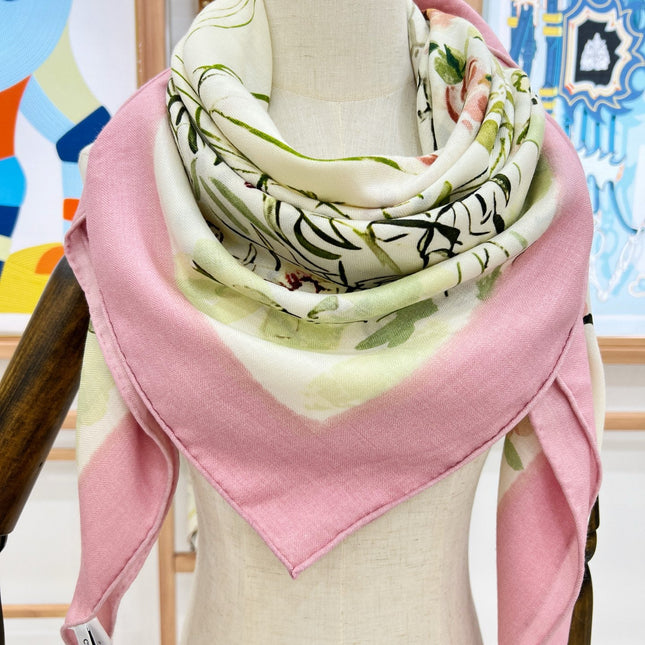 DIOR REVERSIBLE SCARF 140 CM IN CREAM WHITE MIX PINK WOOL-SILK FABRIC 735875