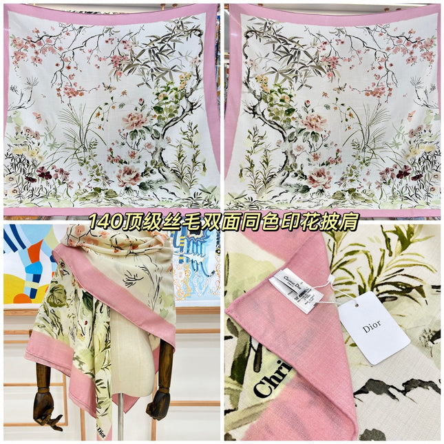 DIOR REVERSIBLE SCARF 140 CM IN CREAM WHITE MIX PINK WOOL-SILK FABRIC 735875