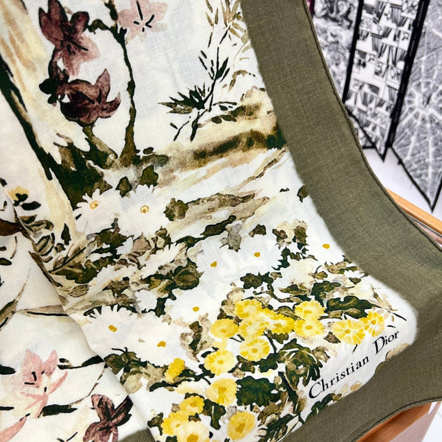 DIOR REVERSIBLE SCARF 140 CM IN CREAM WHITE MIX GREEN WOOL-SILK FABRIC 735876