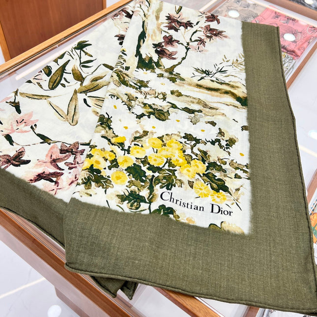 DIOR REVERSIBLE SCARF 140 CM IN CREAM WHITE MIX GREEN WOOL-SILK FABRIC 735876