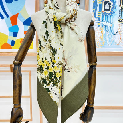 DIOR REVERSIBLE SCARF 140 CM IN CREAM WHITE MIX GREEN WOOL-SILK FABRIC 735876