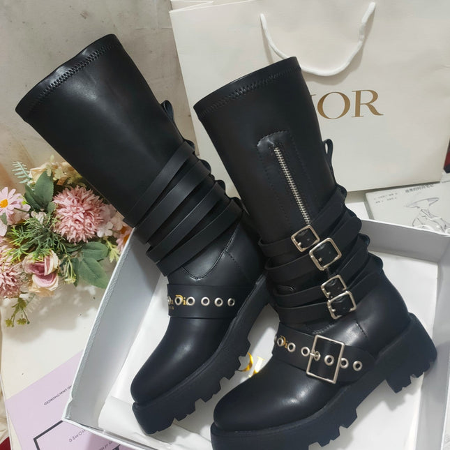 CD ZIPPER BUCKLE BOOTS IN BLACK CALFSKIN