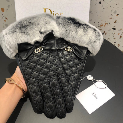 GLOVES ATTACHED BOW IN BLACK RABBIT FUR AND LAMBSKIN 113707