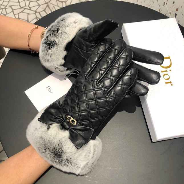 GLOVES ATTACHED BOW IN BLACK RABBIT FUR AND LAMBSKIN 113707