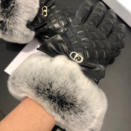 GLOVES ATTACHED BOW IN BLACK RABBIT FUR AND LAMBSKIN 113707