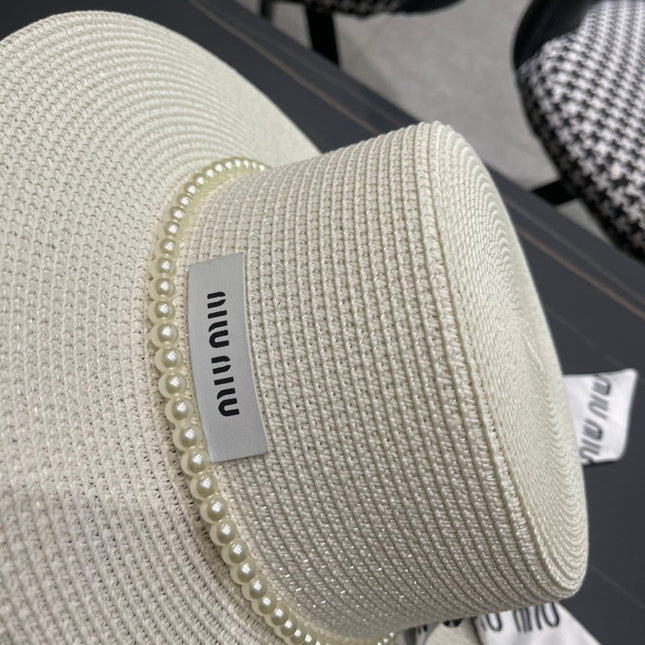 MM SMALL-BRIM STRAW HAT IN CREAM WHITE AND PEARL EMBELLISHED