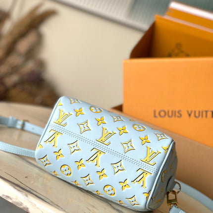 SPEEDY BANDOULIÈRE 20 IN SKY YELLOW MONOGRAM CALFSKIN GOLD BUCKLE