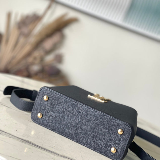 CAPUCINES EAST-WEST MINI 22 IN BLACK CALFSKIN GOLD HARDWARE