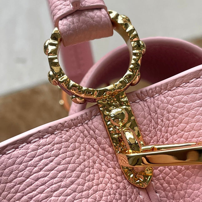 CAPUCINES EAST-WEST MINI 22 IN BLUSH PINK CALFSKIN GOLD HARDWARE