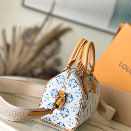 SPEEDY BANDOULIÈRE 20 IN LAGOON BLUE MONOGRAM TILES CANVAS GOLD BUCKLE