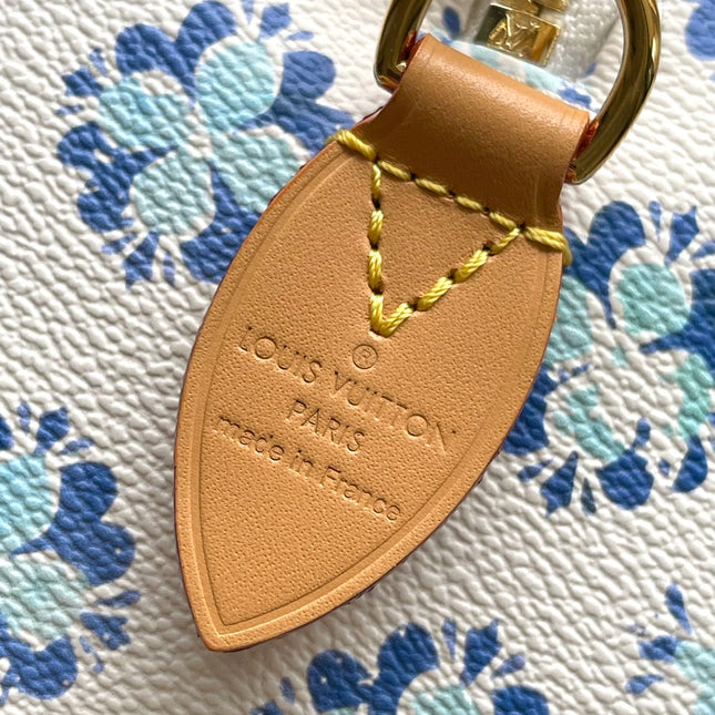 SPEEDY BANDOULIÈRE 20 IN LAGOON BLUE MONOGRAM TILES CANVAS GOLD BUCKLE