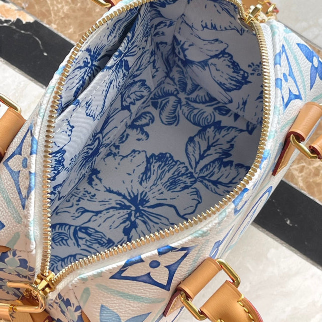 SPEEDY BANDOULIÈRE 20 IN LAGOON BLUE MONOGRAM TILES CANVAS GOLD BUCKLE