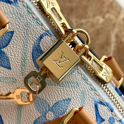 SPEEDY BANDOULIÈRE 20 IN LAGOON BLUE MONOGRAM TILES CANVAS GOLD BUCKLE