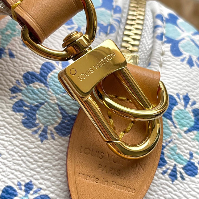 SPEEDY BANDOULIÈRE 20 IN LAGOON BLUE MONOGRAM TILES CANVAS GOLD BUCKLE