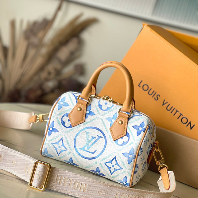 SPEEDY BANDOULIÈRE 20 IN LAGOON BLUE MONOGRAM TILES CANVAS GOLD BUCKLE