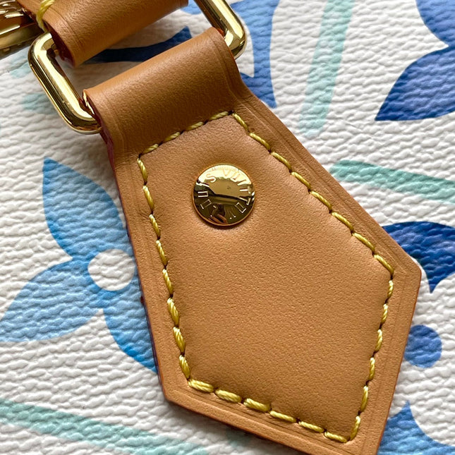 SPEEDY BANDOULIÈRE 20 IN LAGOON BLUE MONOGRAM TILES CANVAS GOLD BUCKLE