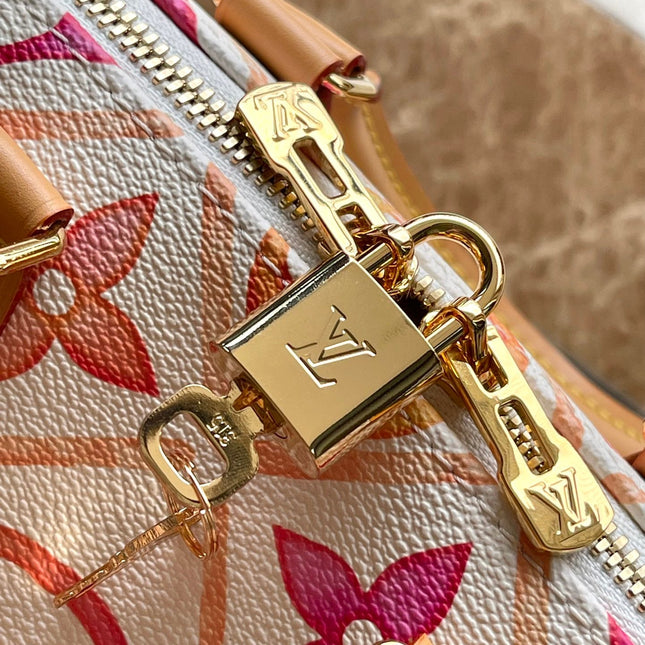 SPEEDY BANDOULIÈRE 20 IN CORAL MONOGRAM TILES CANVAS GOLD BUCKLE