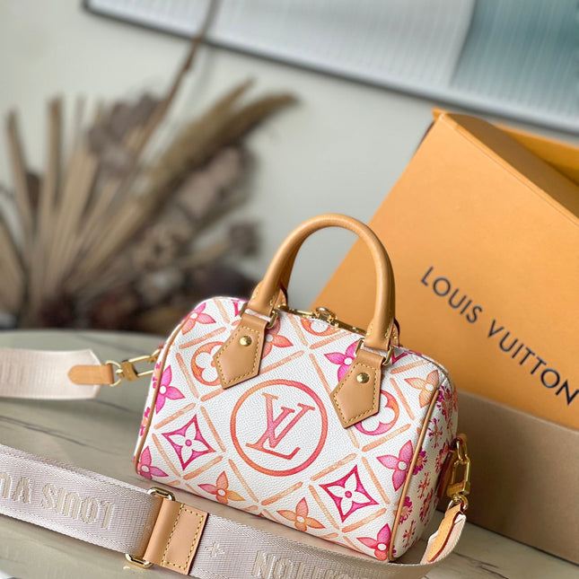 SPEEDY BANDOULIÈRE 20 IN CORAL MONOGRAM TILES CANVAS GOLD BUCKLE