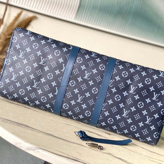 KEEPALL BANDOULIÈRE 55 IN NAVY GREEN MONOGRAM GRADIENT CANVAS
