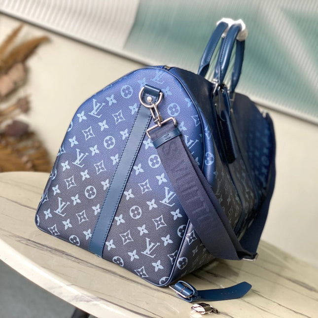 KEEPALL BANDOULIÈRE 55 IN NAVY GREEN MONOGRAM GRADIENT CANVAS