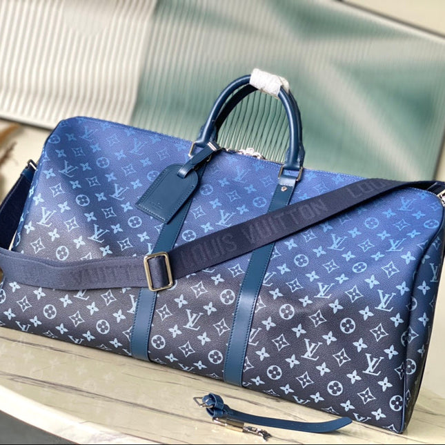 KEEPALL BANDOULIÈRE 55 IN NAVY GREEN MONOGRAM GRADIENT CANVAS