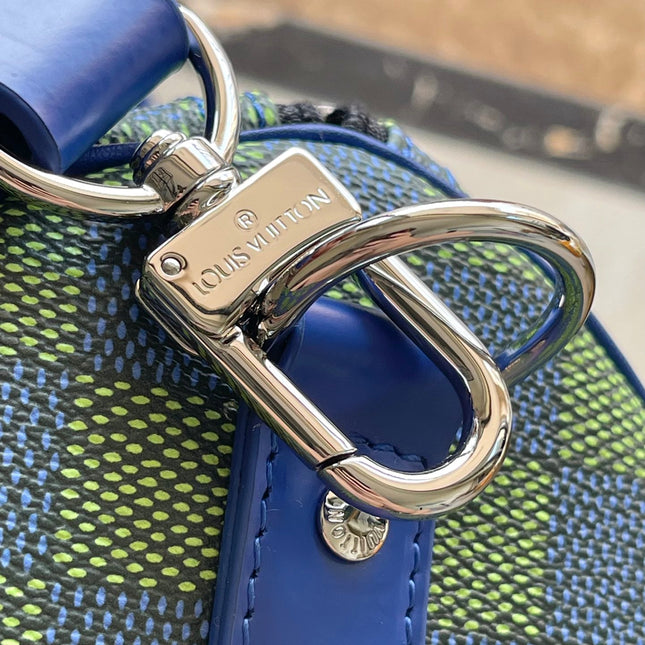 KEEPALL BANDOULIÈRE 45 IN BLUE GREEN DAMIER HERITAGE COATED CANVAS