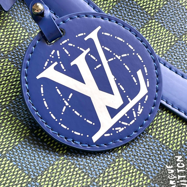 KEEPALL BANDOULIÈRE 45 IN BLUE GREEN DAMIER HERITAGE COATED CANVAS