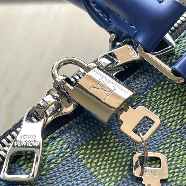 KEEPALL BANDOULIÈRE 45 IN BLUE GREEN DAMIER HERITAGE COATED CANVAS