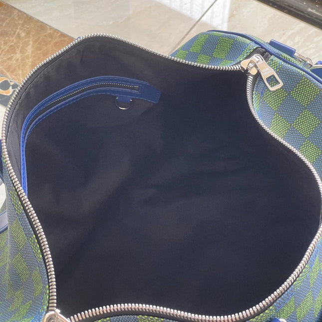 KEEPALL BANDOULIÈRE 45 IN BLUE GREEN DAMIER HERITAGE COATED CANVAS