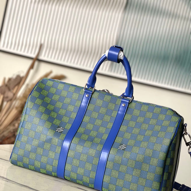 KEEPALL BANDOULIÈRE 45 IN BLUE GREEN DAMIER HERITAGE COATED CANVAS