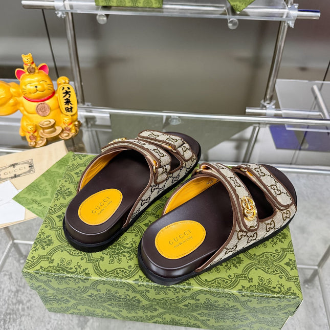 GG SANDALS IN DARK BROWN CALFSKIN AND BEIGE FABRIC WITH GOLD HARDWARE