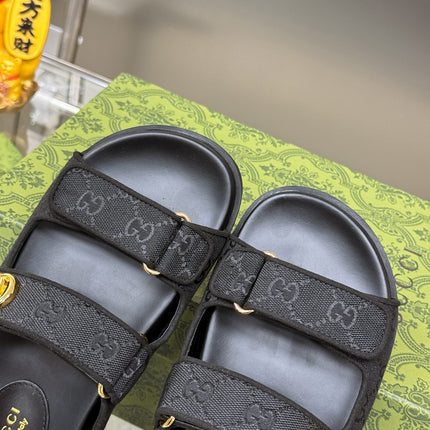 GG SANDALS IN BLACK FABRIC AND CALFSKIN WITH GOLD HARDWARE