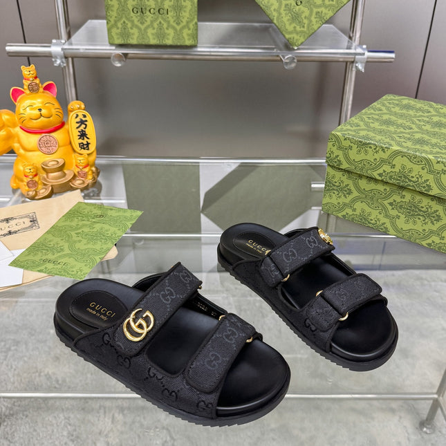 GG SANDALS IN BLACK FABRIC AND CALFSKIN WITH GOLD HARDWARE