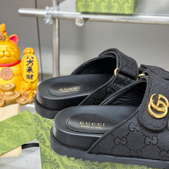 GG SANDALS IN BLACK FABRIC AND CALFSKIN WITH GOLD HARDWARE