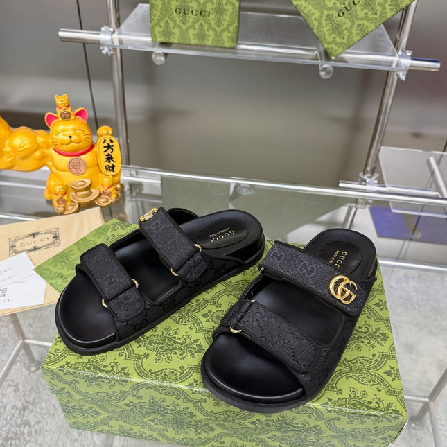 GG SANDALS IN BLACK FABRIC AND CALFSKIN WITH GOLD HARDWARE