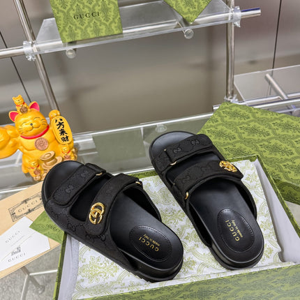 GG SANDALS IN BLACK FABRIC AND CALFSKIN WITH GOLD HARDWARE
