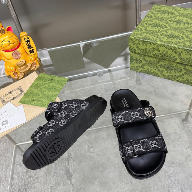 GG SANDALS IN BLACK FABRIC AND CALFSKIN WITH SILVER HARDWARE