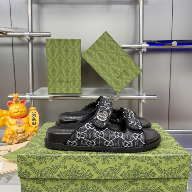 GG SANDALS IN BLACK FABRIC AND CALFSKIN WITH SILVER HARDWARE