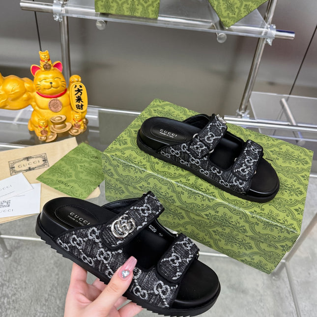 GG SANDALS IN BLACK FABRIC AND CALFSKIN WITH SILVER HARDWARE