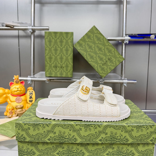 GG SANDALS IN WHITE FABRIC AND CALFSKIN WITH GOLD HARDWARE