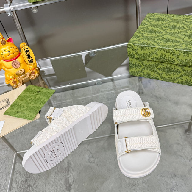 GG SANDALS IN WHITE FABRIC AND CALFSKIN WITH GOLD HARDWARE