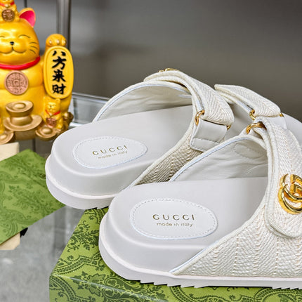 GG SANDALS IN WHITE FABRIC AND CALFSKIN WITH GOLD HARDWARE