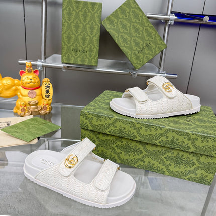 GG SANDALS IN WHITE FABRIC AND CALFSKIN WITH GOLD HARDWARE