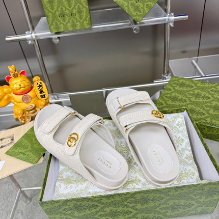GG SANDALS IN WHITE FABRIC AND CALFSKIN WITH GOLD HARDWARE