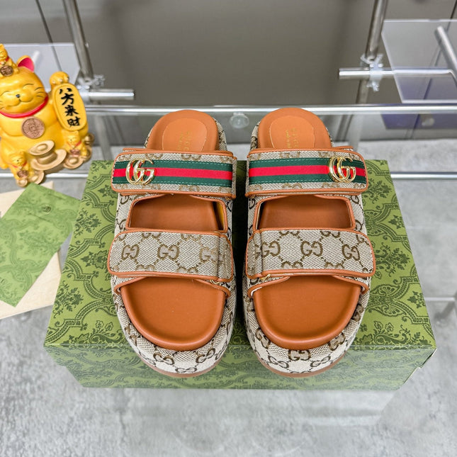 GG SANDALS 22 IN ORANGE CALFSKIN AND BEIGE FABRIC WITH GOLD HARDWARE