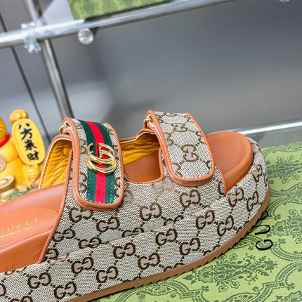 GG SANDALS 22 IN ORANGE CALFSKIN AND BEIGE FABRIC WITH GOLD HARDWARE