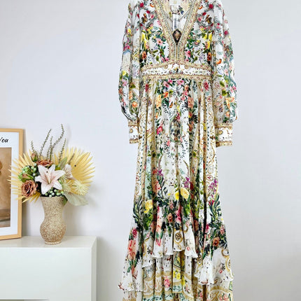 V-NECK LAYERED SILK PRINT MAXI DRESS