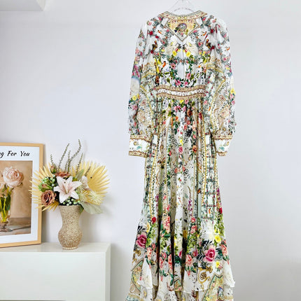 V-NECK LAYERED SILK PRINT MAXI DRESS